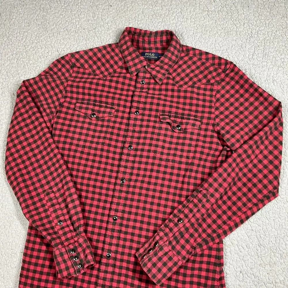 Polo Ralph‎ Lauren Shirt Mens Medium Red Black Gingham Pearl Snap Western Cowboy